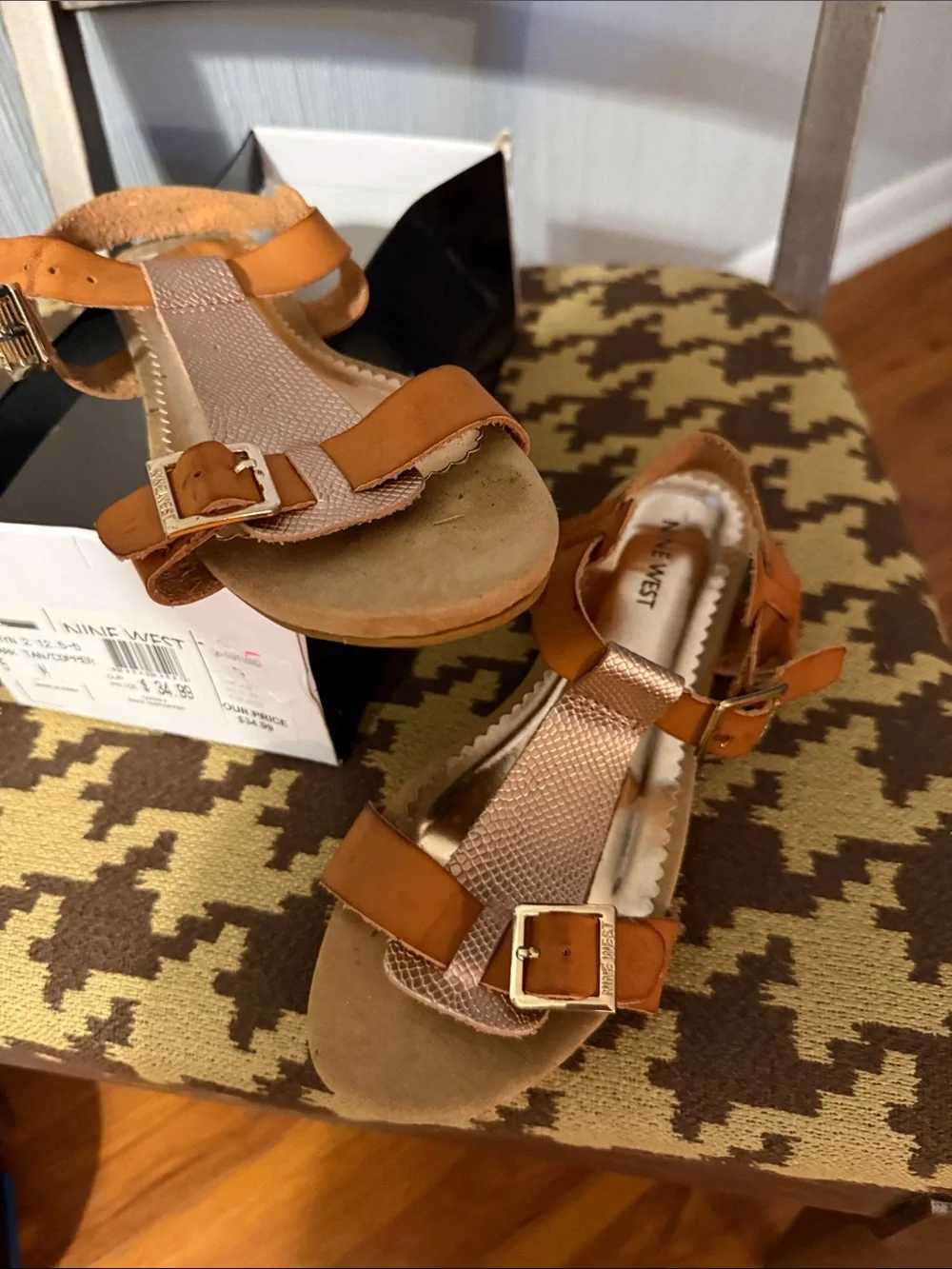 Nine West Cognac Brown Leather Buckle T-Strap Sandals
